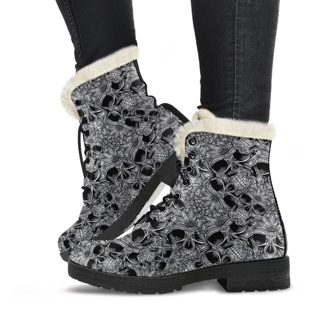 Skull Tattoo Design Print Faux Fur Leather Boots-JTAMIGO.COM