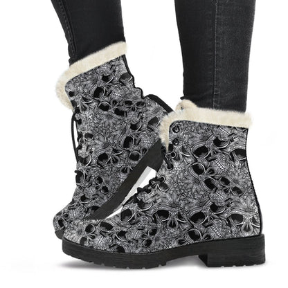 Skull Tattoo Design Print Faux Fur Leather Boots-JTAMIGO.COM