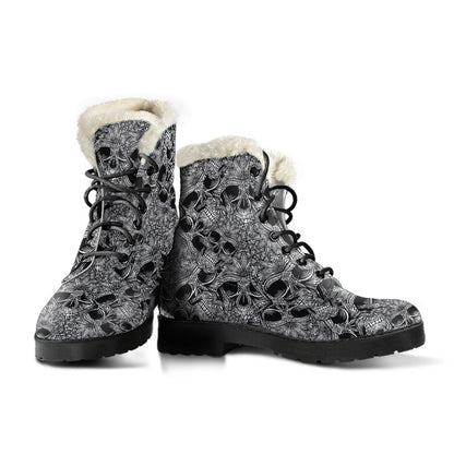 Skull Tattoo Design Print Faux Fur Leather Boots-JTAMIGO.COM