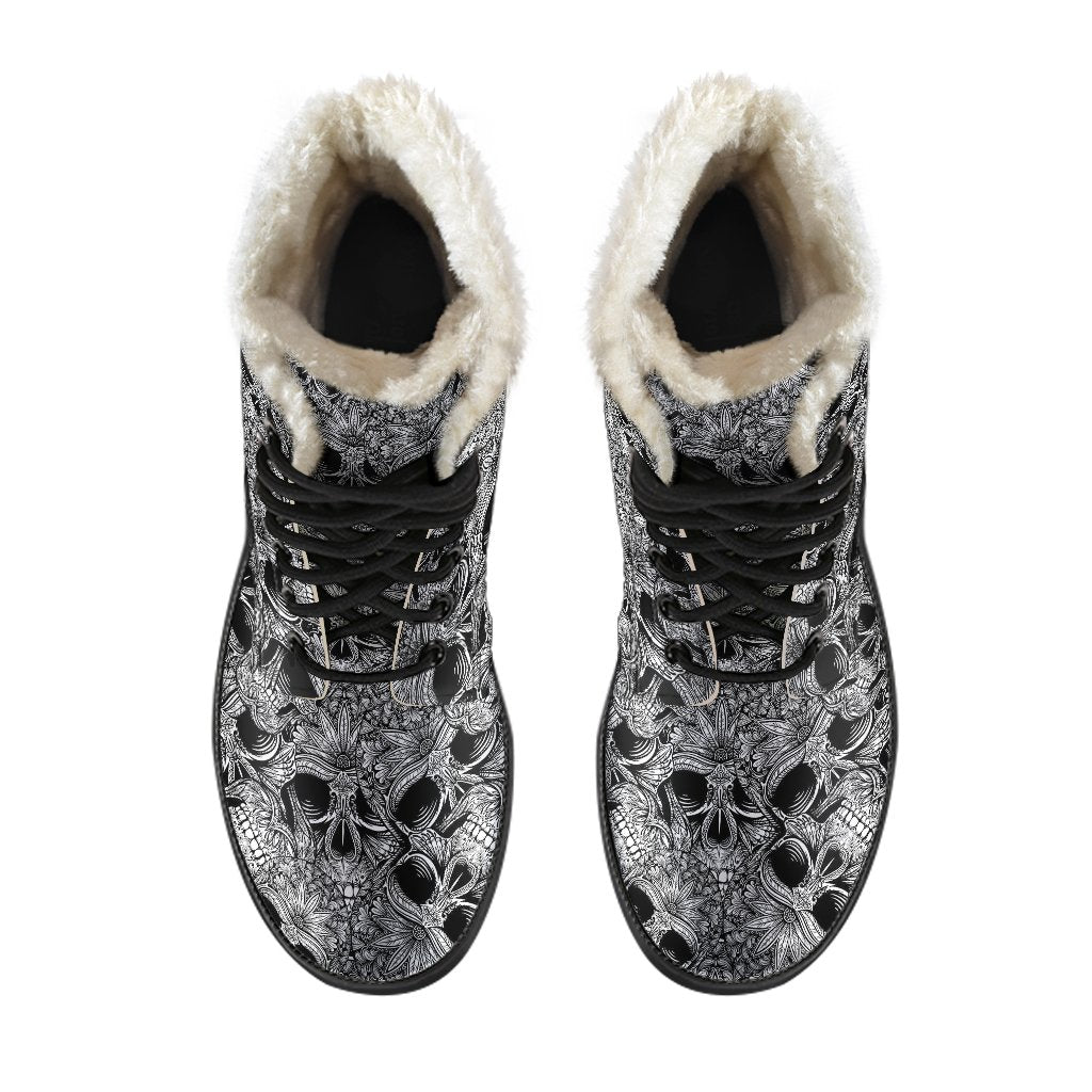 Skull Tattoo Design Print Faux Fur Leather Boots-JTAMIGO.COM
