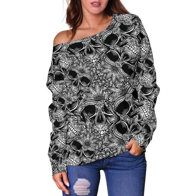 Skull Tattoo Design Print Off Shoulder Sweatshirt