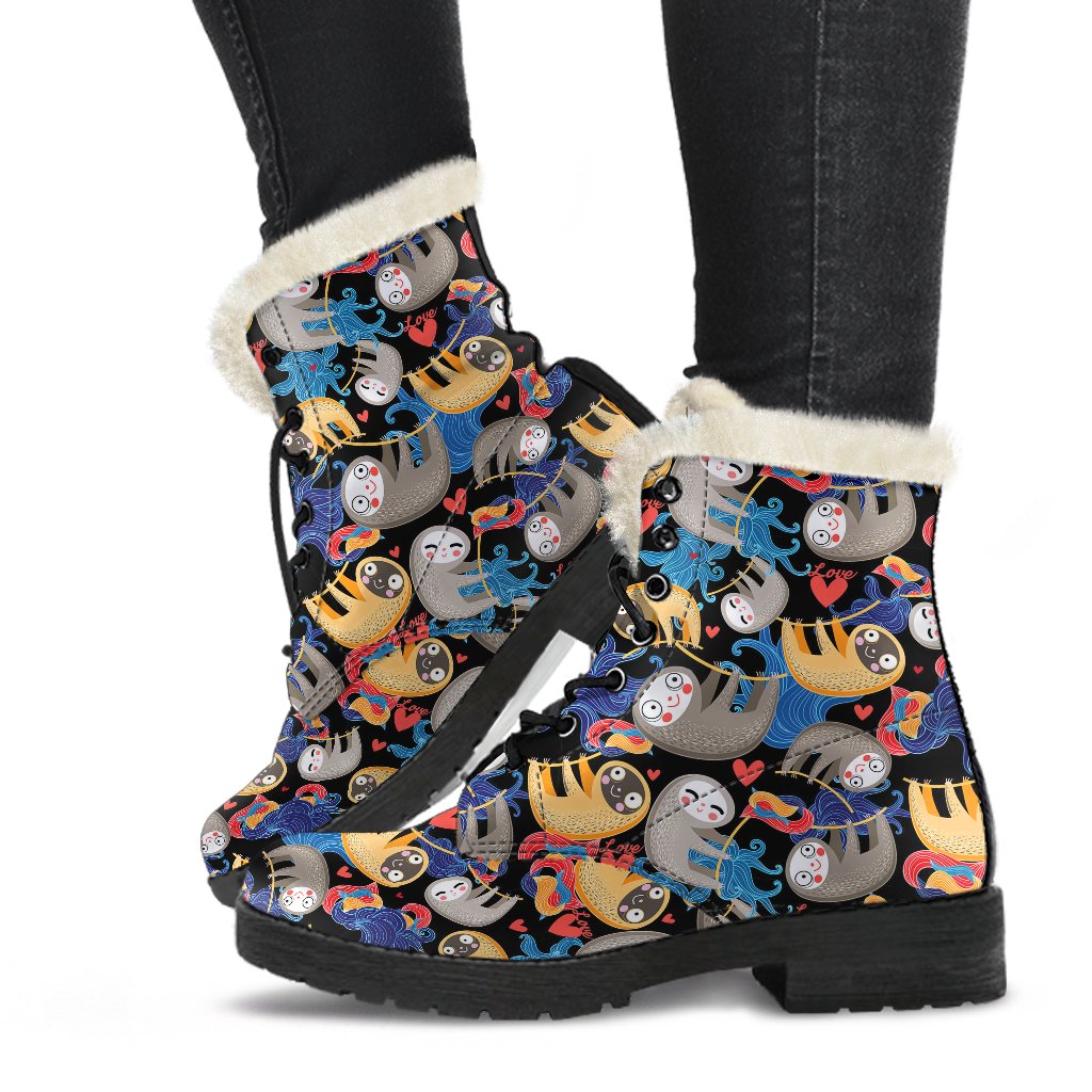 Sloth Cartoon Design Themed Print Faux Fur Leather Boots-JTAMIGO.COM