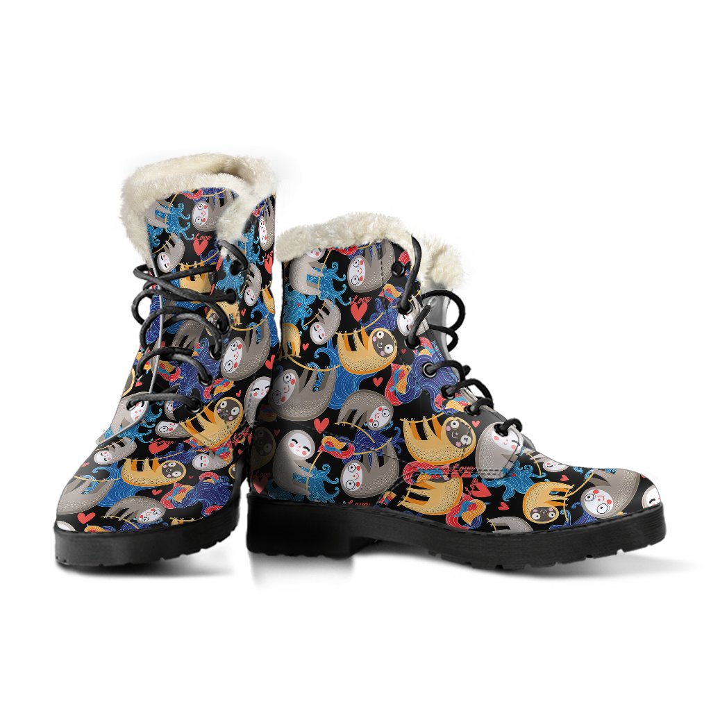 Sloth Cartoon Design Themed Print Faux Fur Leather Boots-JTAMIGO.COM