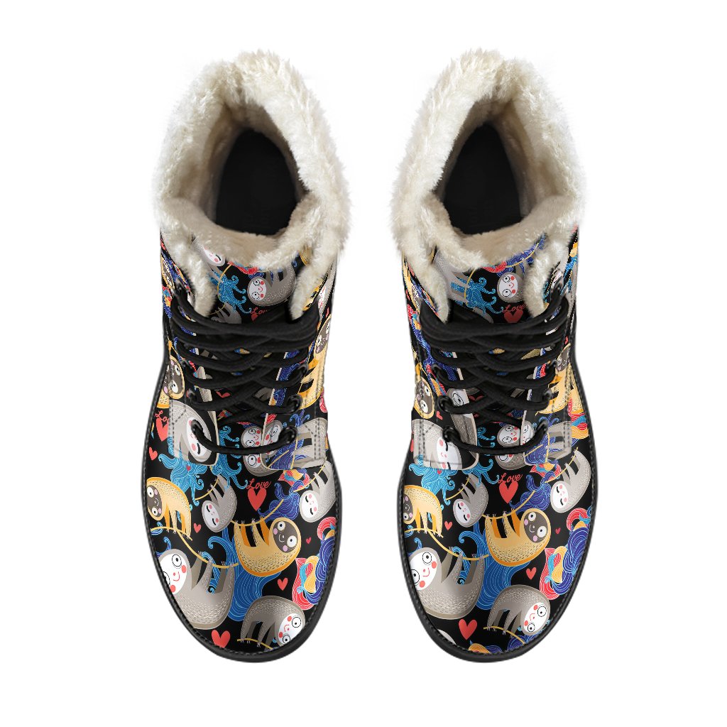 Sloth Cartoon Design Themed Print Faux Fur Leather Boots-JTAMIGO.COM