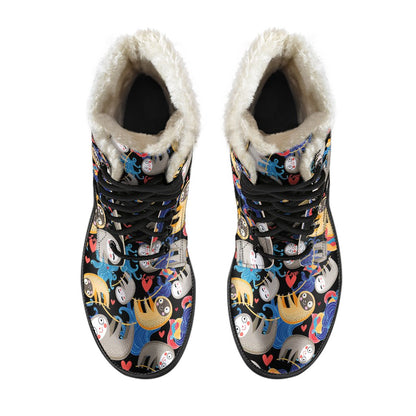 Sloth Cartoon Design Themed Print Faux Fur Leather Boots-JTAMIGO.COM