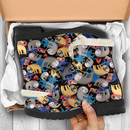 Sloth Cartoon Design Themed Print Faux Fur Leather Boots-JTAMIGO.COM