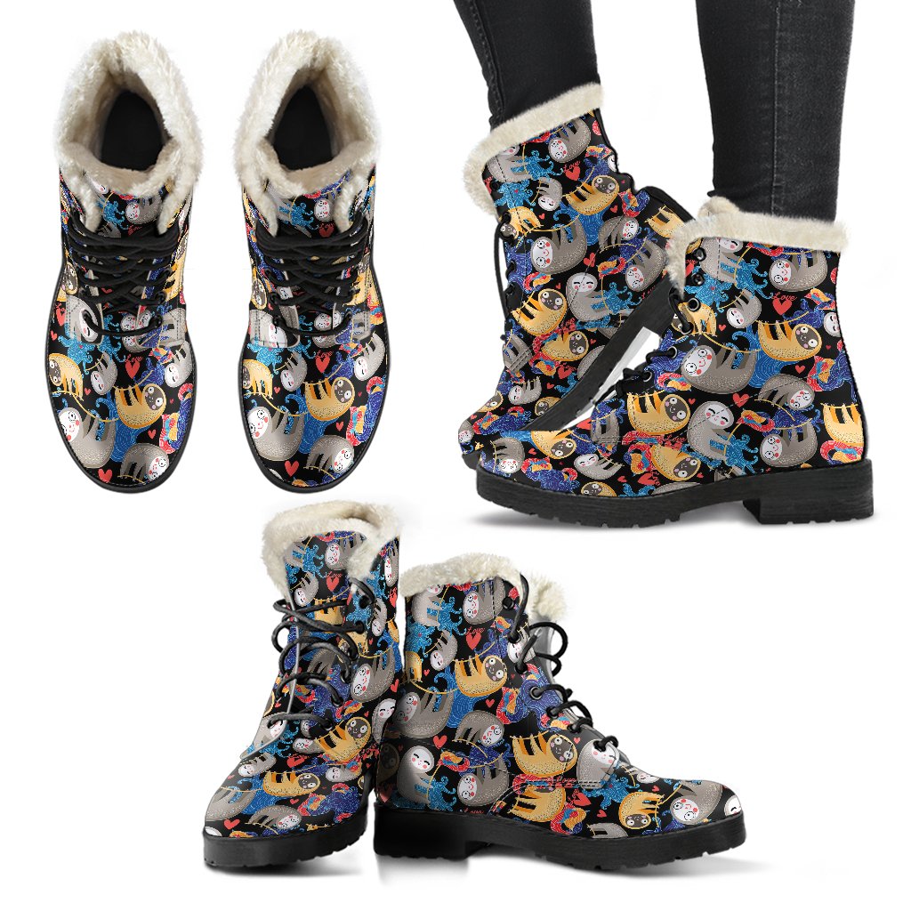 Sloth Cartoon Design Themed Print Faux Fur Leather Boots-JTAMIGO.COM