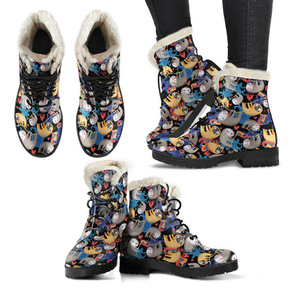 Sloth Cartoon Design Themed Print Faux Fur Leather Boots-JTAMIGO.COM