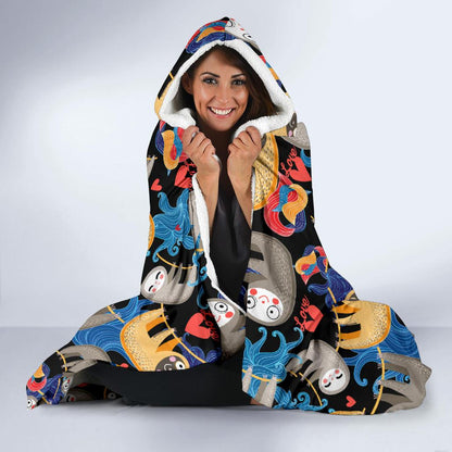 Sloth Cartoon Design Themed Print Hooded Blanket-JTAMIGO.COM