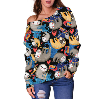 Sloth Cartoon Design Themed Print Off Shoulder Sweatshirt