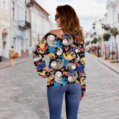 Sloth Cartoon Design Themed Print Off Shoulder Sweatshirt
