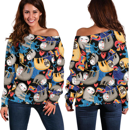 Sloth Cartoon Design Themed Print Off Shoulder Sweatshirt