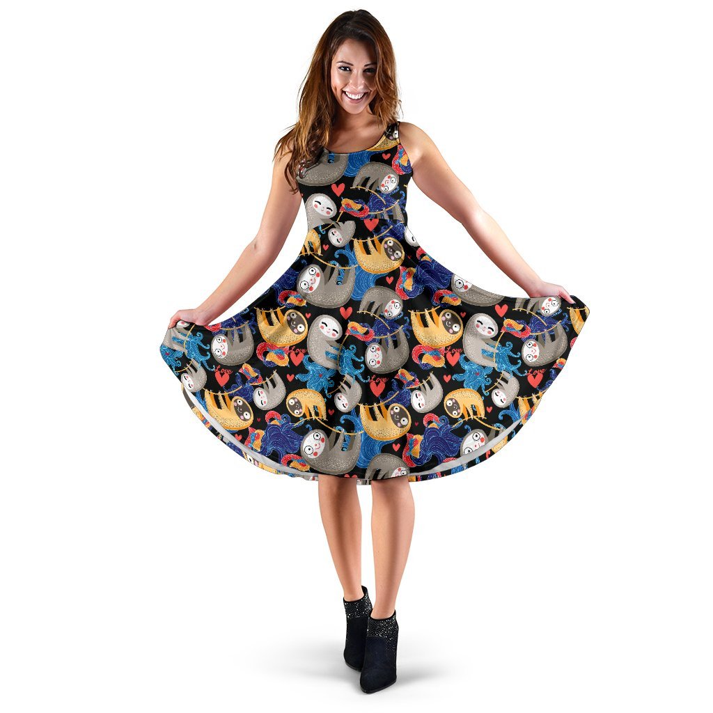 Sloth Cartoon Design Themed Print Sleeveless Dress