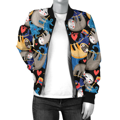 Sloth Cartoon Design Themed Print Women Casual Bomber Jacket