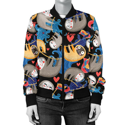 Sloth Cartoon Design Themed Print Women Casual Bomber Jacket