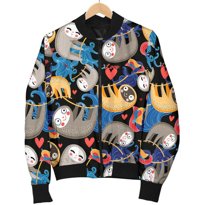 Sloth Cartoon Design Themed Print Women Casual Bomber Jacket