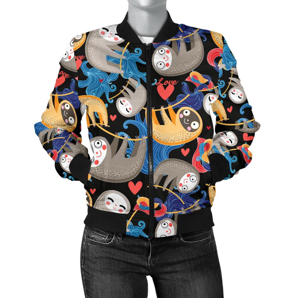 Sloth Cartoon Design Themed Print Women Casual Bomber Jacket