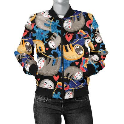 Sloth Cartoon Design Themed Print Women Casual Bomber Jacket