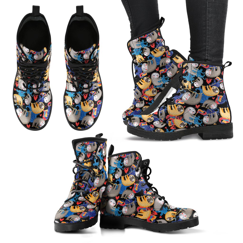 Sloth Cartoon Design Themed Print Women Leather Boots-JTAMIGO.COM