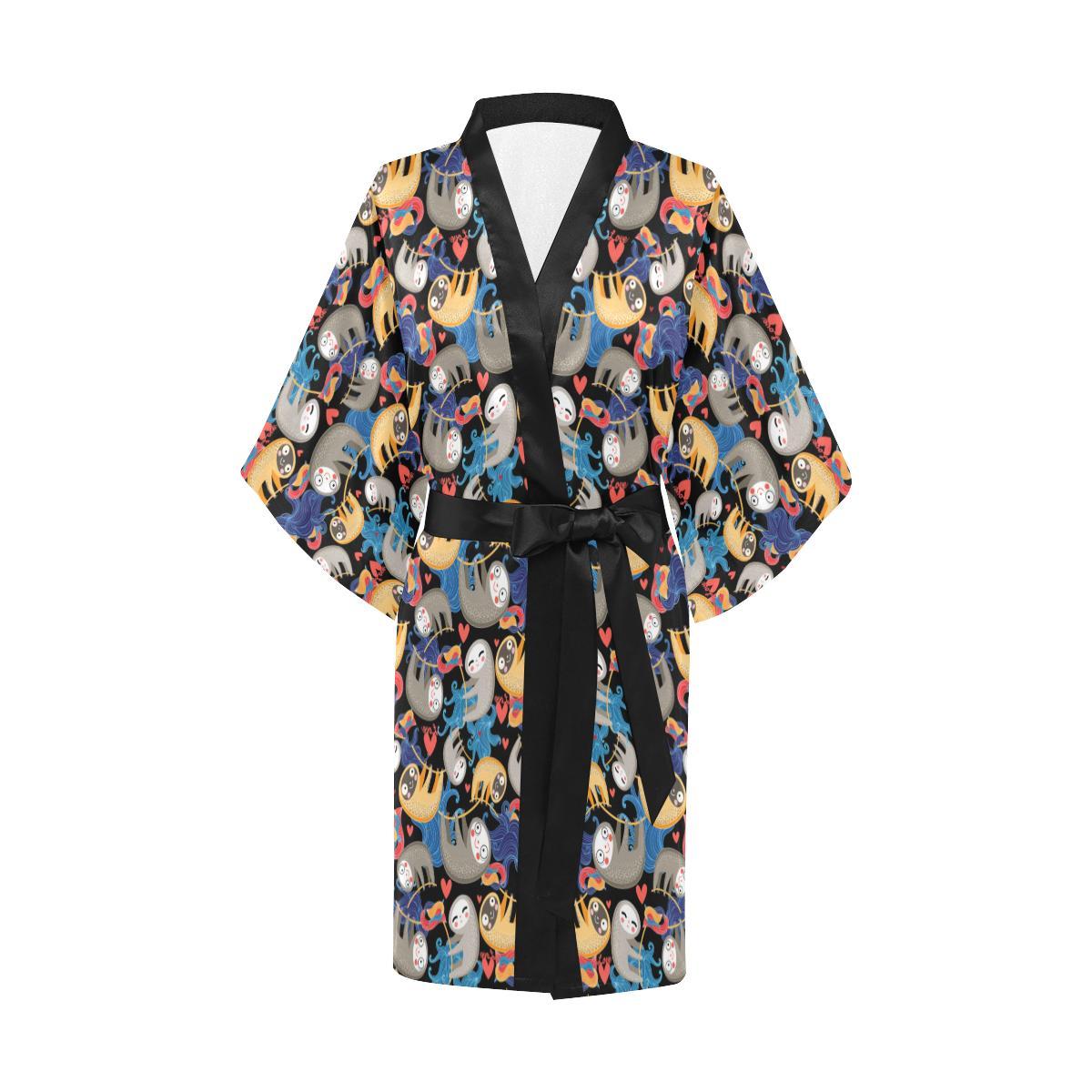 Sloth Cartoon Design Themed Print Women Short Kimono Robe