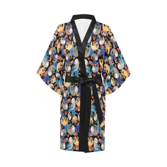 Sloth Cartoon Design Themed Print Women Short Kimono Robe