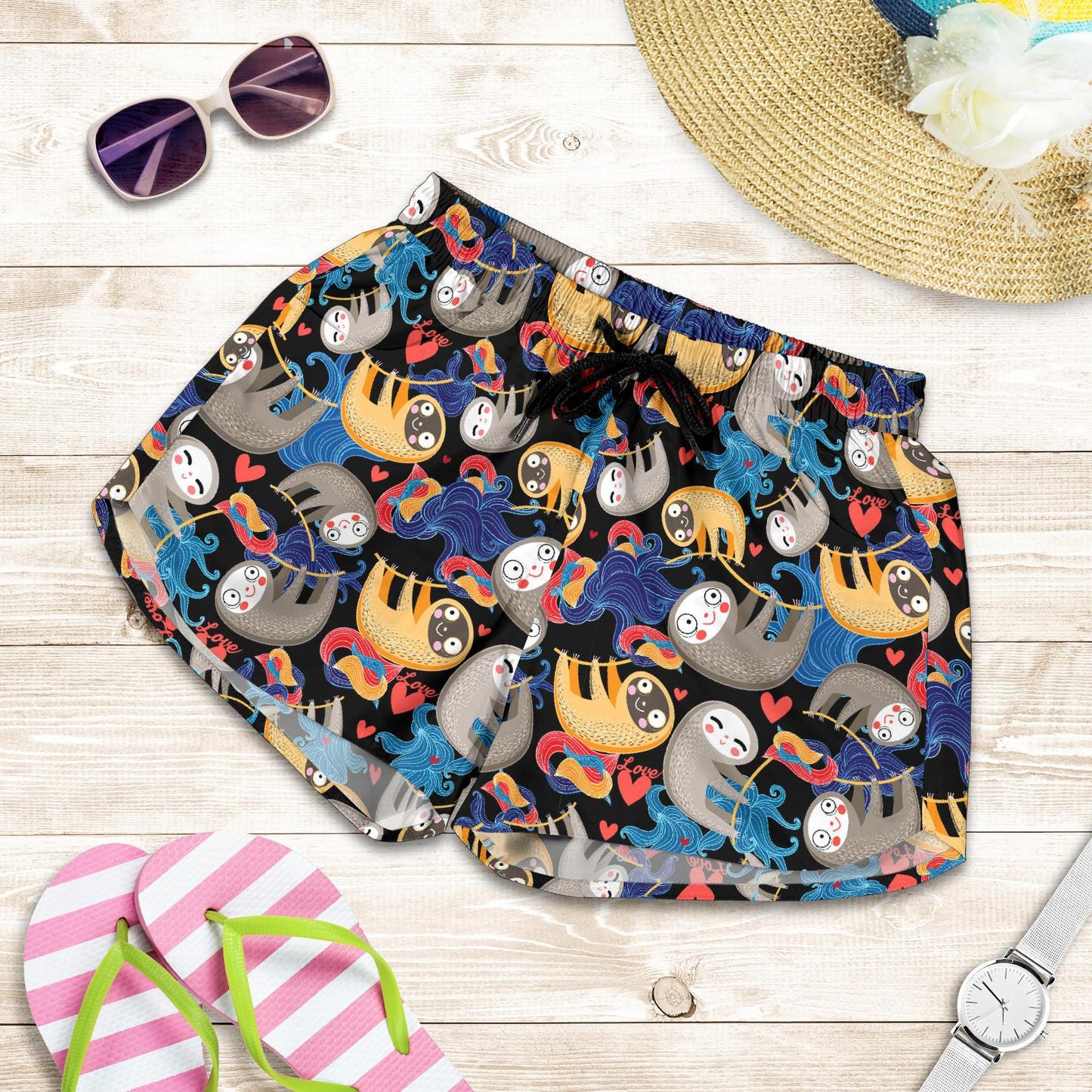 Sloth Cartoon Design Themed Print Women Shorts-JTAMIGO.COM