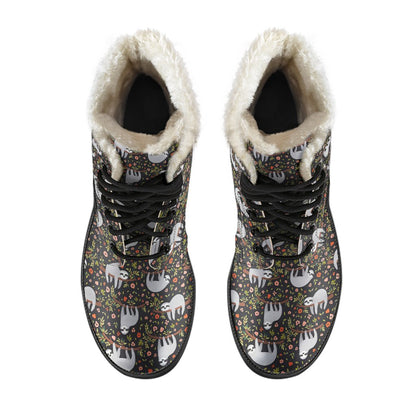 Sloth Cute Design Themed Print Faux Fur Leather Boots-JTAMIGO.COM