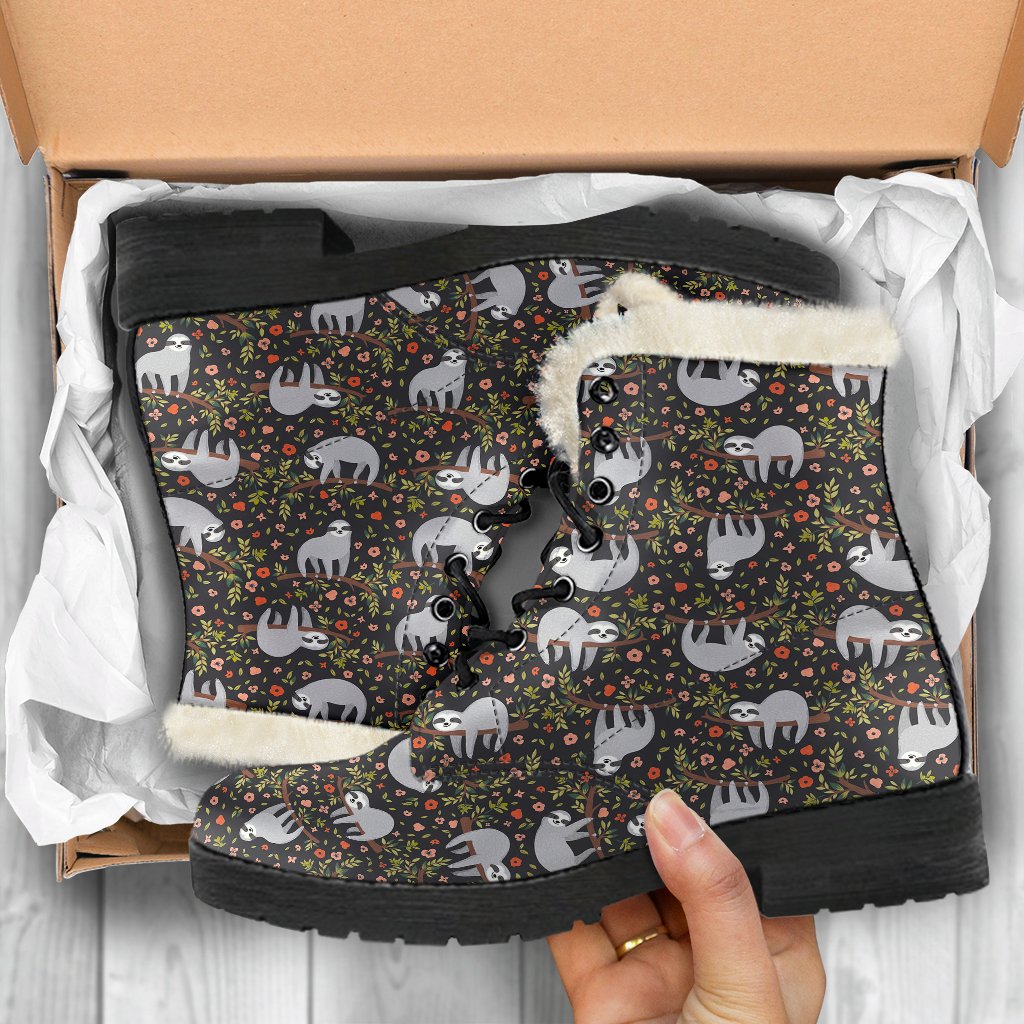 Sloth Cute Design Themed Print Faux Fur Leather Boots-JTAMIGO.COM
