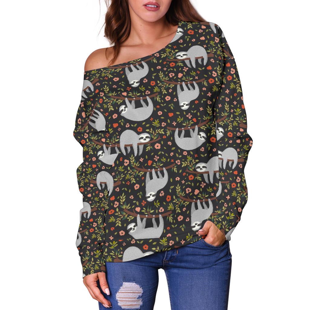 Sloth Cute Design Themed Print Off Shoulder Sweatshirt