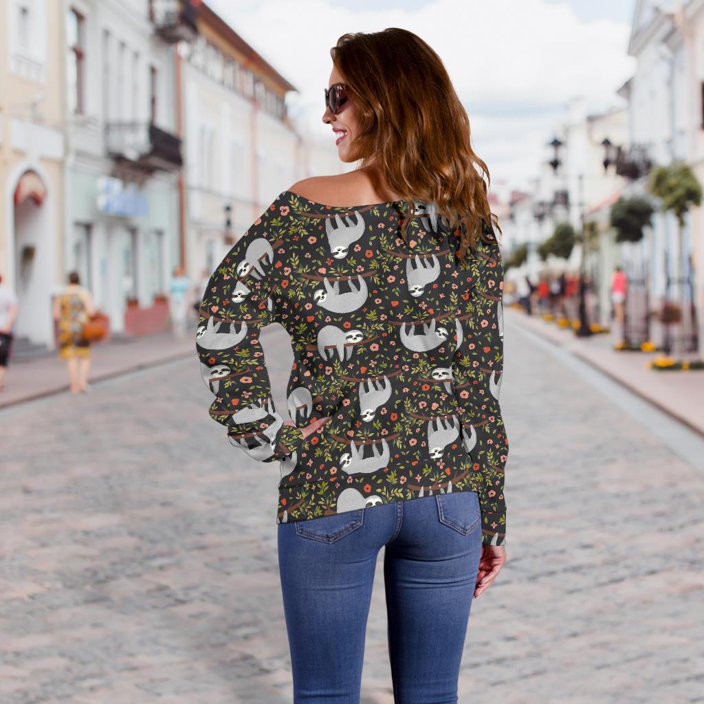 Sloth Cute Design Themed Print Off Shoulder Sweatshirt