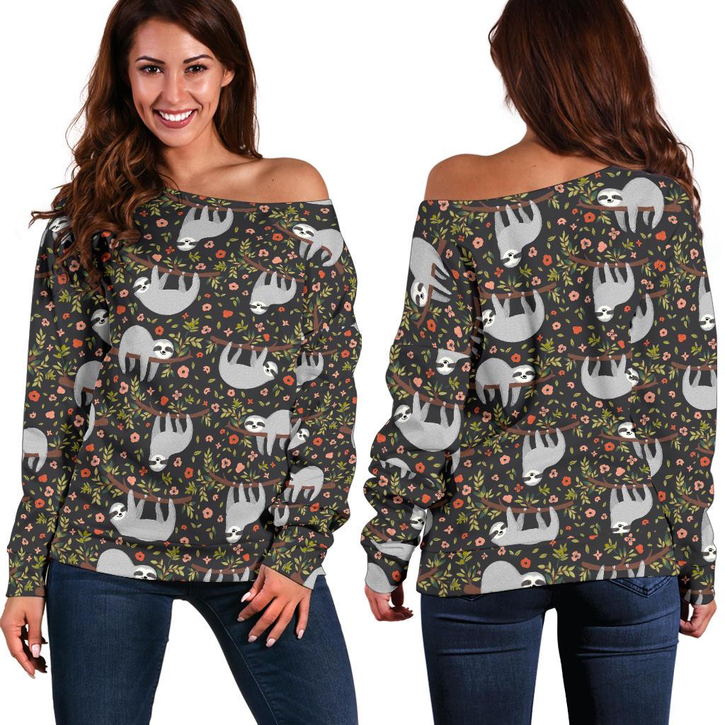 Sloth Cute Design Themed Print Off Shoulder Sweatshirt