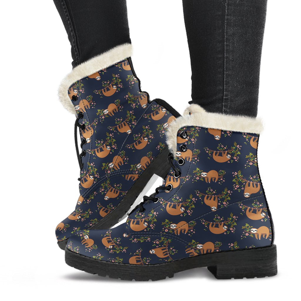Sloth flower Design Themed Print Faux Fur Leather Boots-JTAMIGO.COM