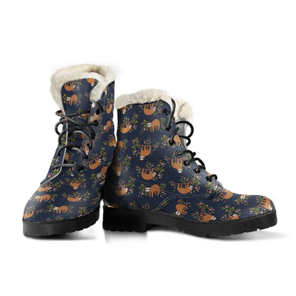 Sloth flower Design Themed Print Faux Fur Leather Boots-JTAMIGO.COM