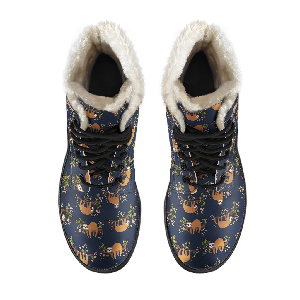 Sloth flower Design Themed Print Faux Fur Leather Boots-JTAMIGO.COM