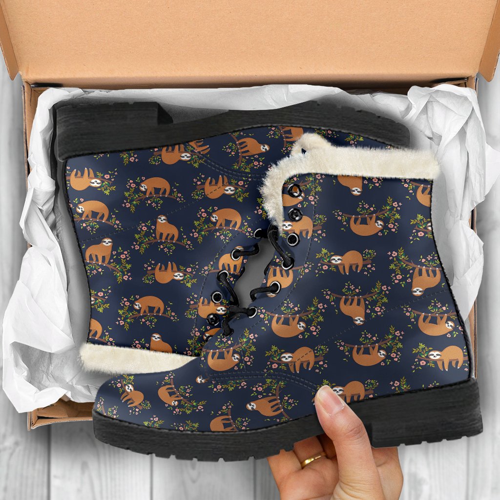 Sloth flower Design Themed Print Faux Fur Leather Boots-JTAMIGO.COM