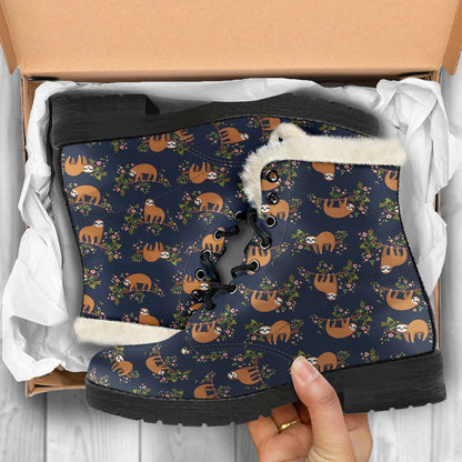 Sloth flower Design Themed Print Faux Fur Leather Boots-JTAMIGO.COM