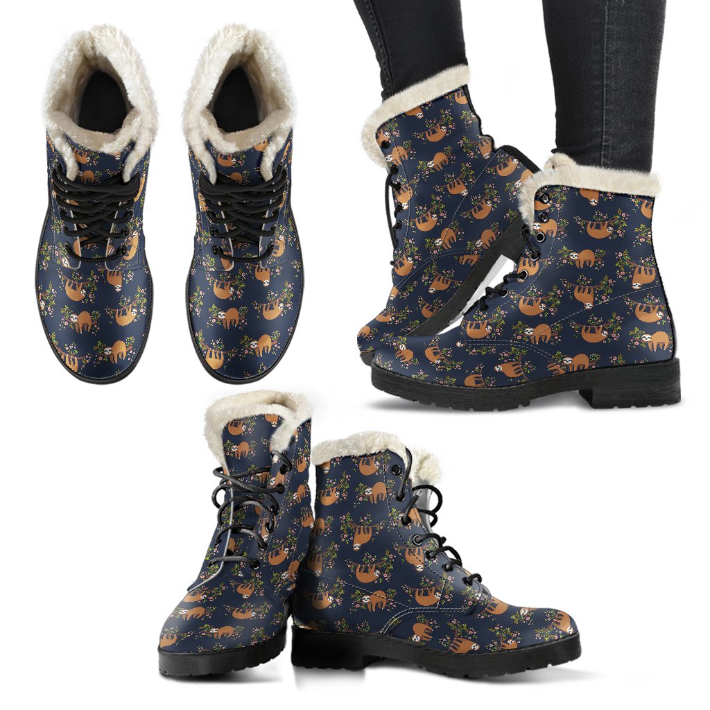 Sloth flower Design Themed Print Faux Fur Leather Boots-JTAMIGO.COM