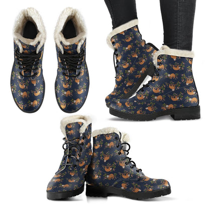 Sloth flower Design Themed Print Faux Fur Leather Boots-JTAMIGO.COM