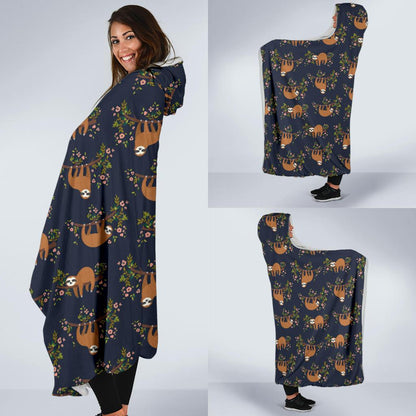 Sloth flower Design Themed Print Hooded Blanket-JTAMIGO.COM