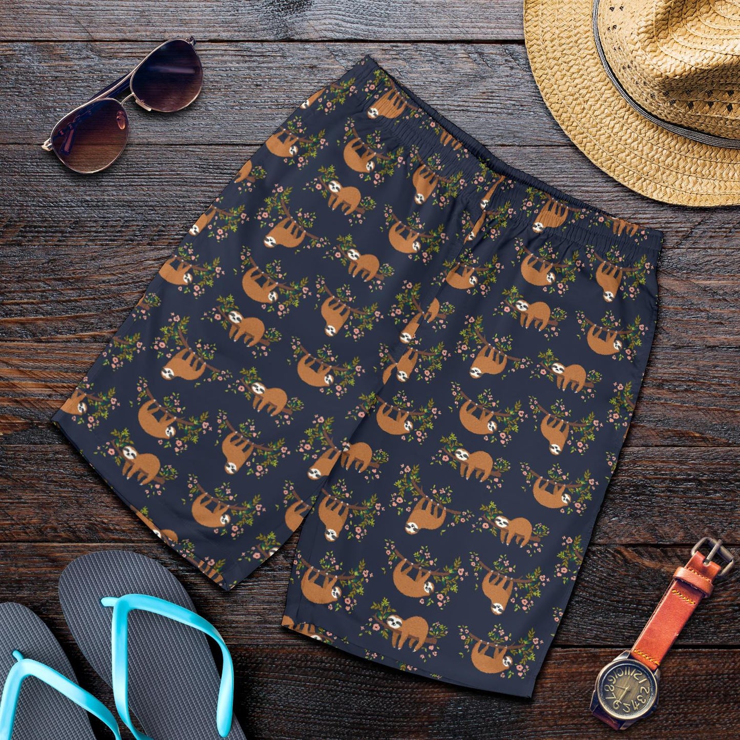 Sloth flower Design Themed Print Mens Shorts-JTAMIGO.COM