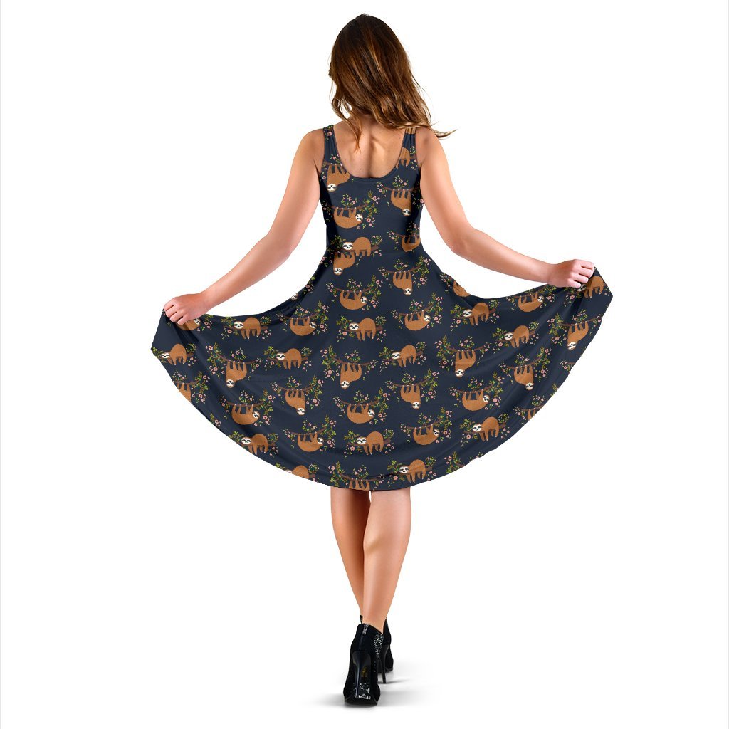 Sloth Flower Design Themed Print Sleeveless Dress