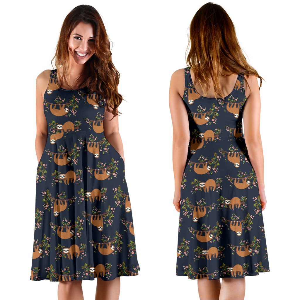 Sloth Flower Design Themed Print Sleeveless Dress