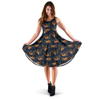Sloth Flower Design Themed Print Sleeveless Dress