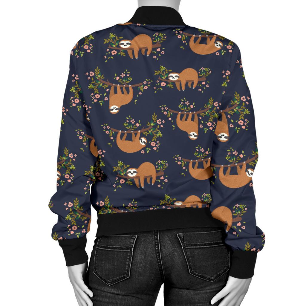 Sloth Flower Design Themed Print Women Casual Bomber Jacket