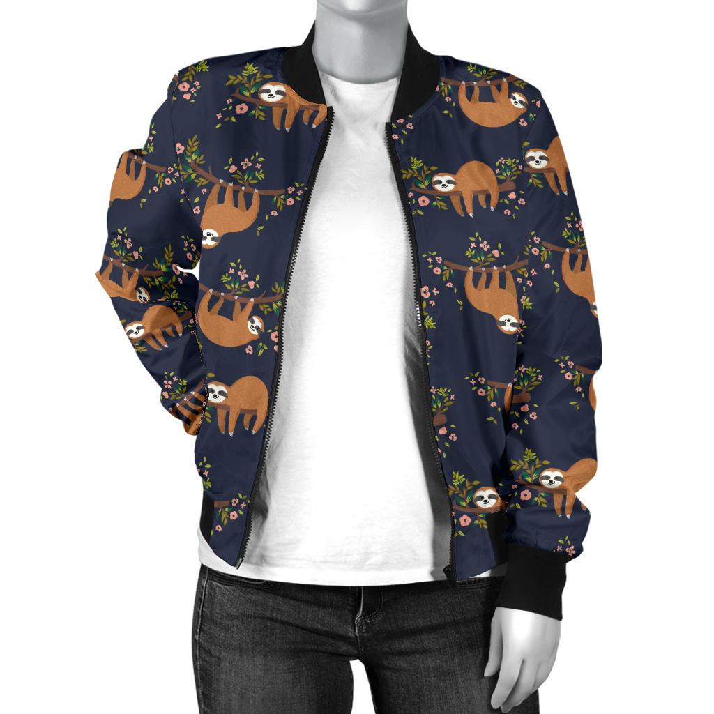 Sloth Flower Design Themed Print Women Casual Bomber Jacket