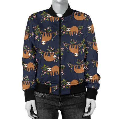 Sloth Flower Design Themed Print Women Casual Bomber Jacket