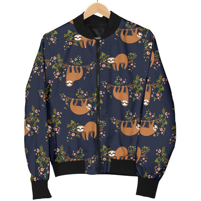 Sloth Flower Design Themed Print Women Casual Bomber Jacket