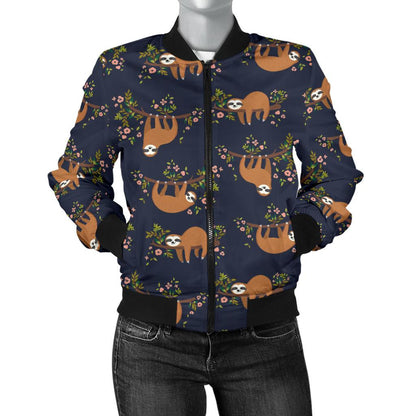 Sloth Flower Design Themed Print Women Casual Bomber Jacket