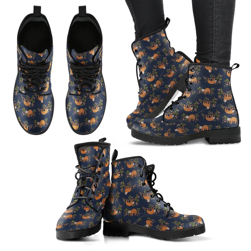 Sloth flower Design Themed Print Women Leather Boots-JTAMIGO.COM