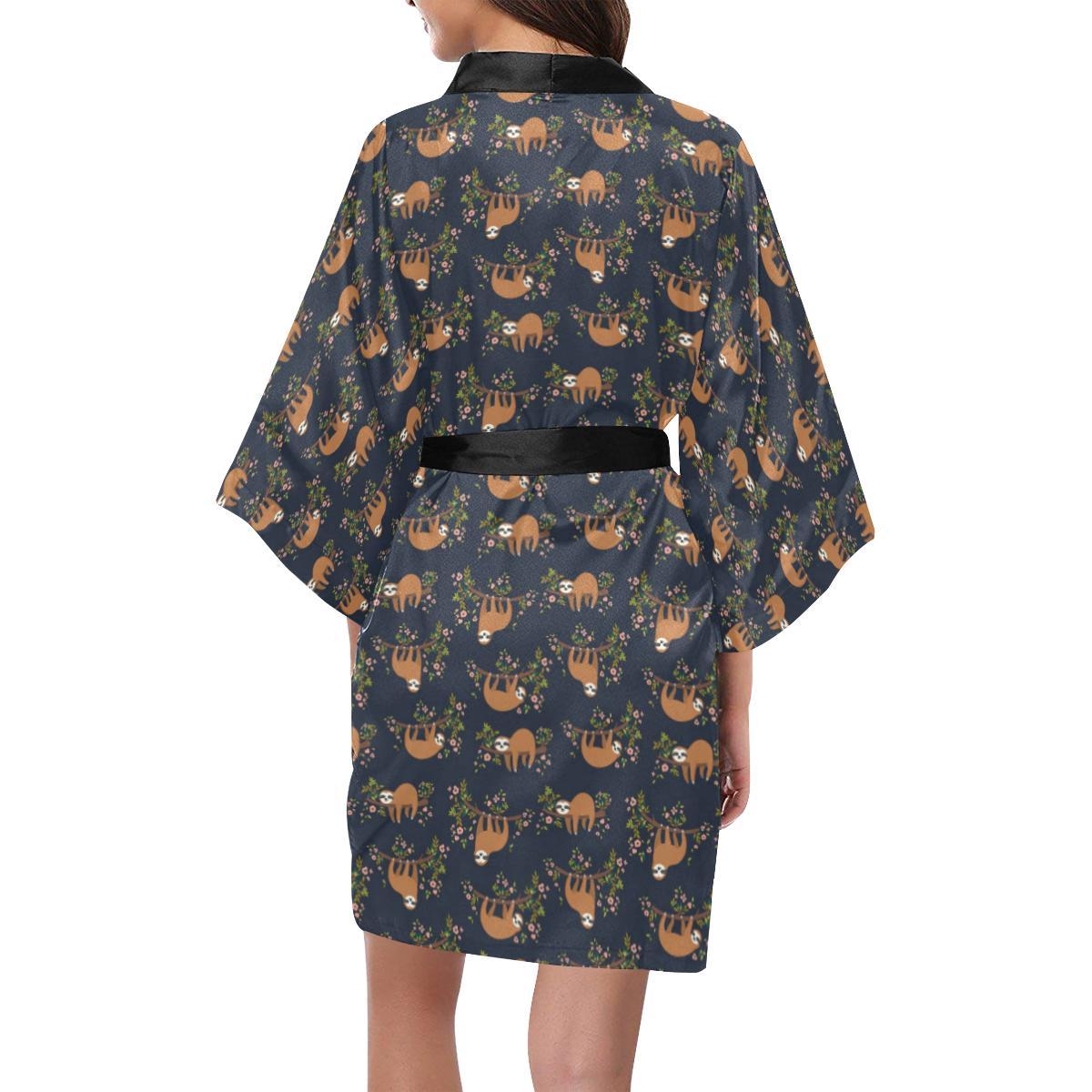 Sloth flower Design Themed Print Women Short Kimono Robe